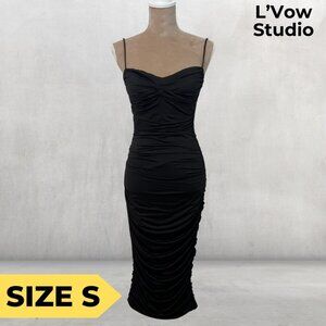 L'Vow Black Ruched Midi Dress, Wedding Guest Dress, Bodycon